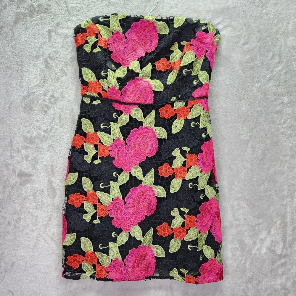 Sam Edelman Black Cherry Strapless Mini Dress Floral Embroidered‎ Size 8 Party